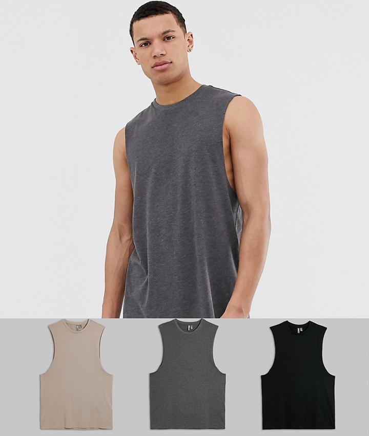 Asos Design Tall 3 Pack Sleeveless T-shirt With Crew Neck And Dropped Armhole Save-multi