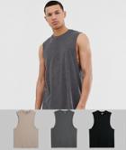 Asos Design Tall 3 Pack Sleeveless T-shirt With Crew Neck And Dropped Armhole Save-multi