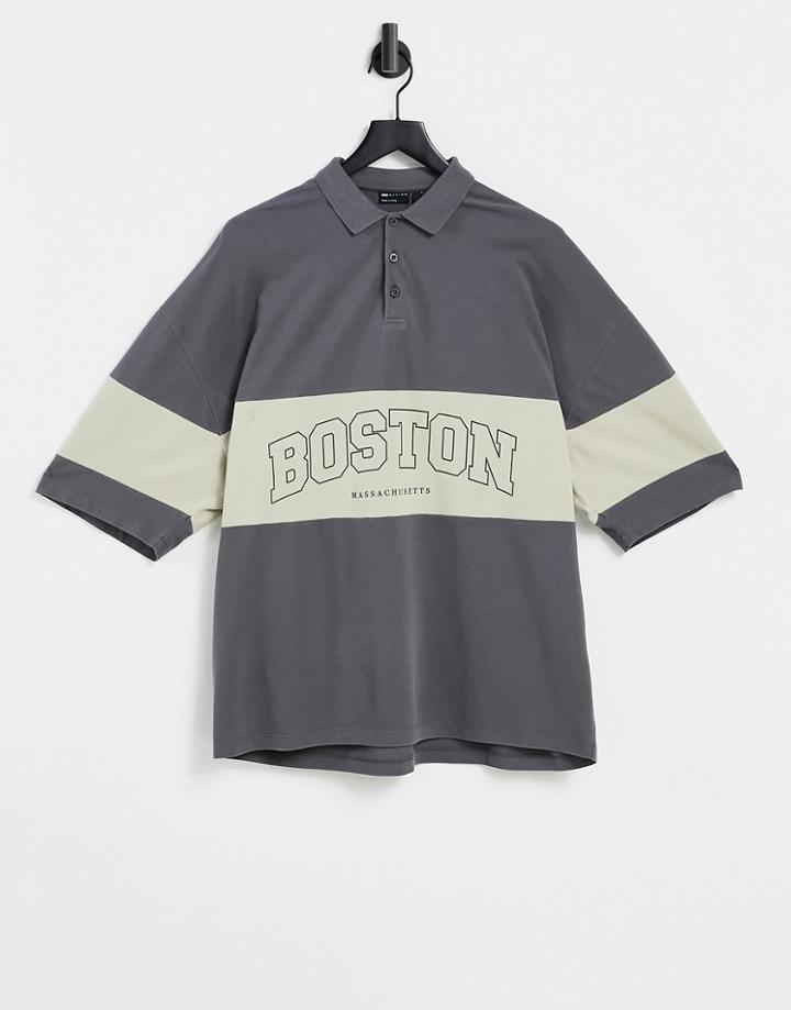 Asos Design Oversized Polo T-shirt With 3/4 Sleeves In Gray-grey