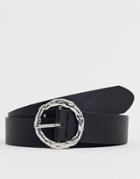 Asos Design Faux Leather Wide Belt In Black With Silver Circle Hammered Buckle - Black