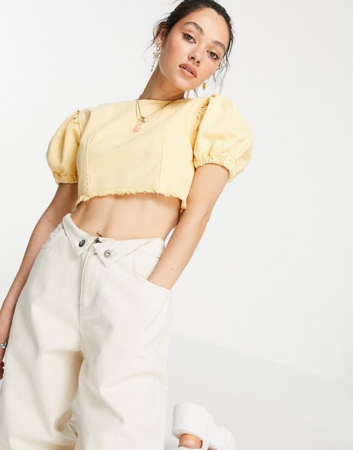 Topshop Puff Sleeve Denim Crop Top In Yellow