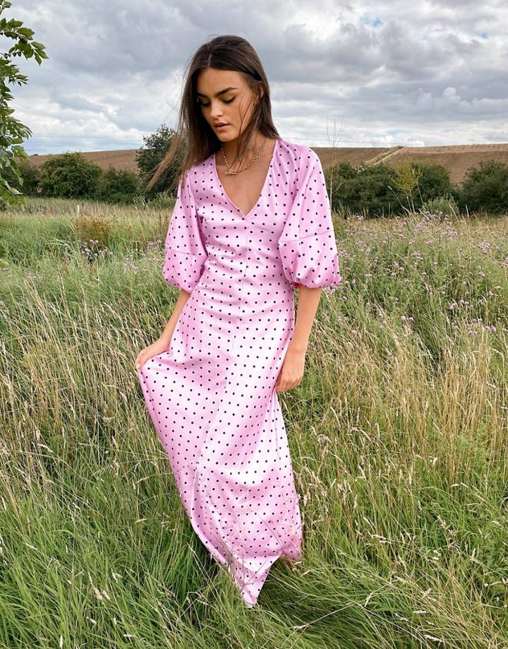 Asos Design Satin Trapeze Maxi Dress With Puff Sleeves In Spot Print-multi