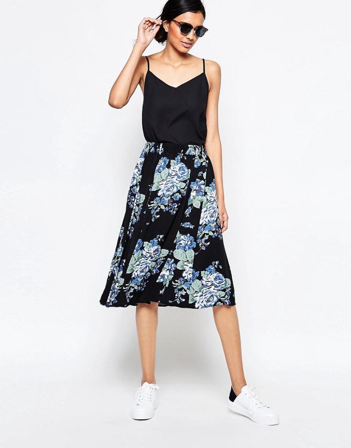 Ganni Blue Flower Print Midi Skirt - Blue Flower