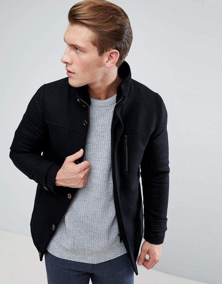 Ted Baker Funnel Neck Patch Pocket Overcoat - Black