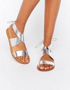 Asos Freckles Leather Lace Up Flat Sandals - Silver