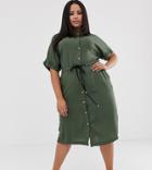Boohoo Plus Shirt Dress With Draw String Waist In Khaki - Green