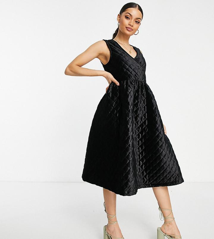 Pieces Petite Velour Quilted Midi Dress In Black