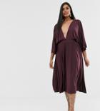 Asos Design Curve Exclusive Pleated Slinky Kimono Midi Dress - Purple