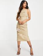 Asos Design Square Neck Midi Dress With Ruched Detail In Stone-neutral