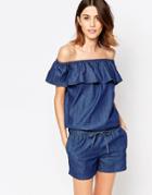 Vero Moda Frill Off Shoulder Chambray Romper - Denim