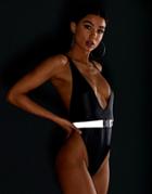 Asos Design Plunge High Leg Swimsuit In Glossy Black With Reflective Belt And Buckle Detail