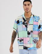 Asos Design Oversized Shirt With Beach Scene And Deep V Neck - Pink