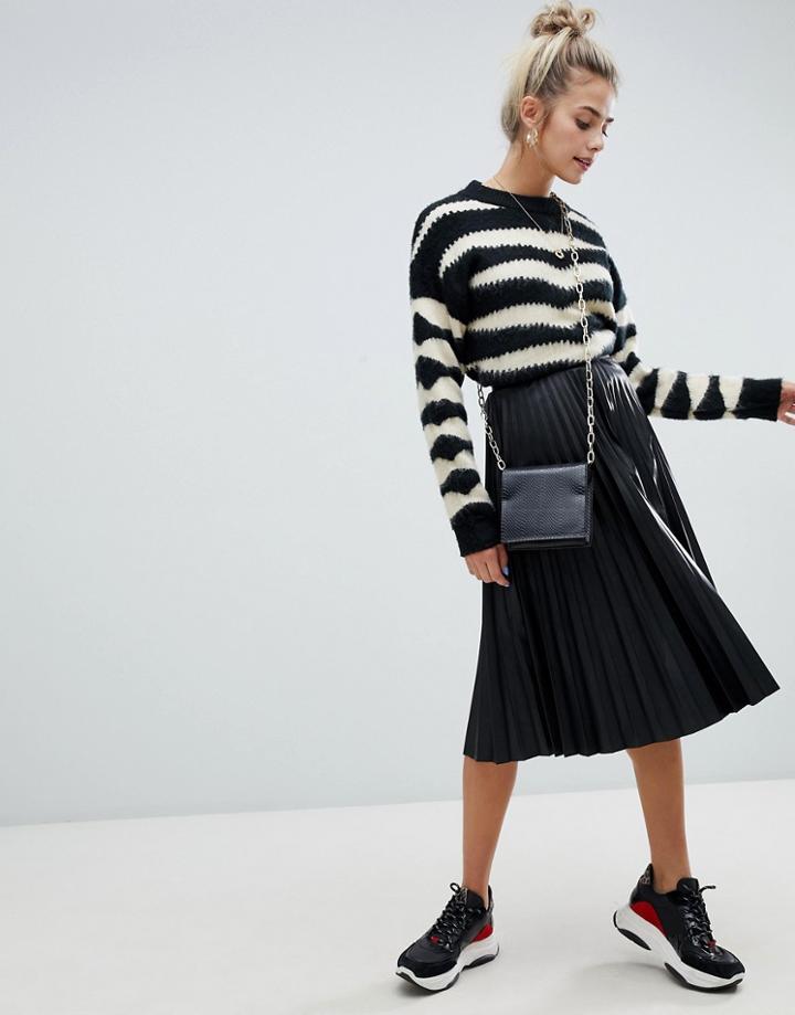 Bershka Pleated Faux Leather Skirt - Black