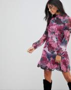 Traffic People Ruffle Neck Skater Dress In Rose Print-purple