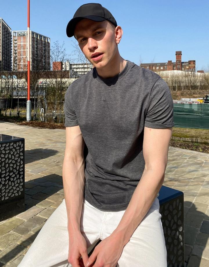 Asos Design T-shirt With Crew Neck And Roll Sleeve In Charcoal Marl-grey