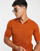 Asos Design Knit Rib Polo Shirt In Rust-orange