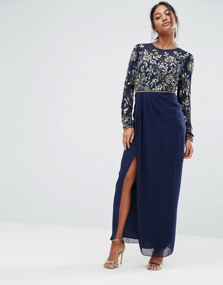 Virgos Lounge Embellished Long Sleeve Maxi Dress - Navy