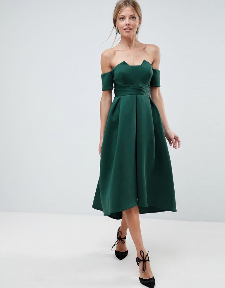 Asos Bardot Pleated Waist Scuba Midi Prom Dress - Green