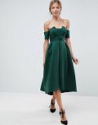 Asos Bardot Pleated Waist Scuba Midi Prom Dress - Green