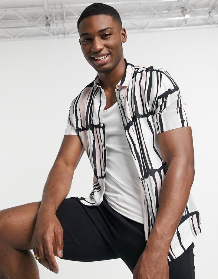 River Island Short Sleeve Paint Blocked Shirt In Black