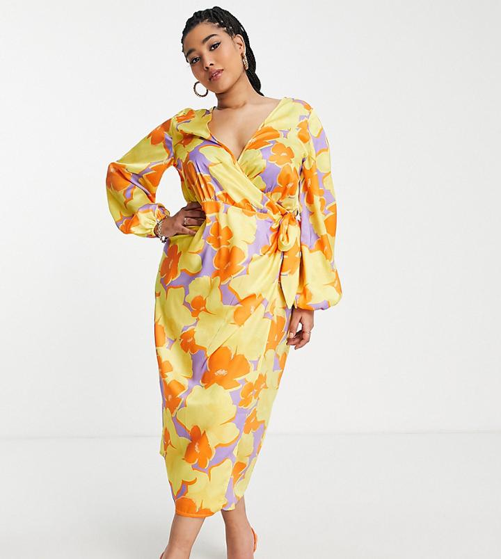 Asos Design Curve Wrap Midi Dress In Oversized Floral-multi