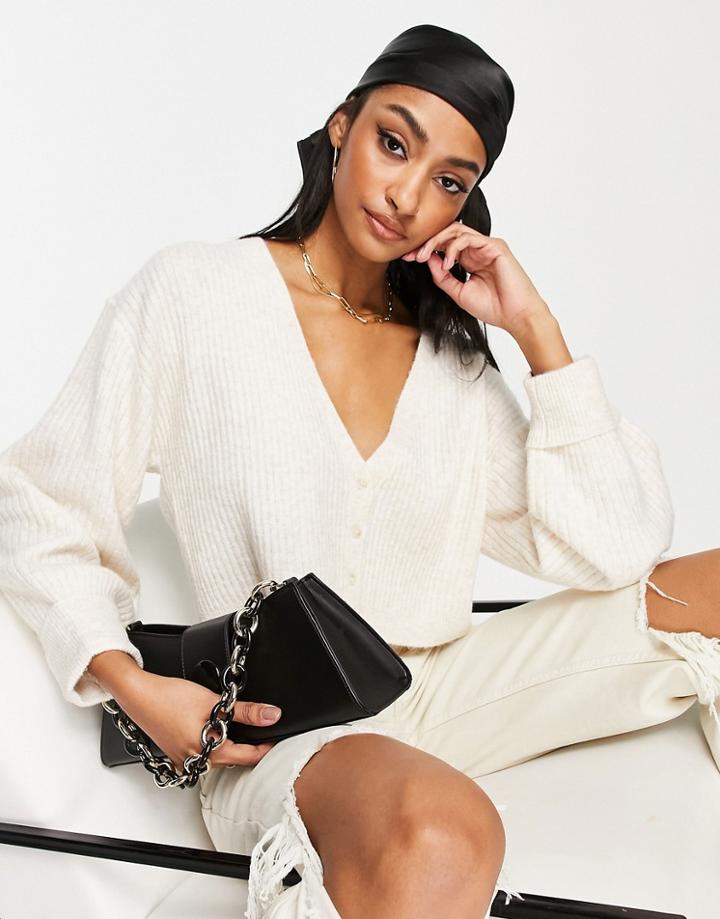 Topshop Recycled Polyester Blend Knitted Rib Cardigan With Balloon Sleeve In Oat Heather-neutral