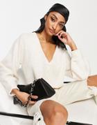 Topshop Recycled Polyester Blend Knitted Rib Cardigan With Balloon Sleeve In Oat Heather-neutral