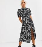 New Look Petite Short Sleeve Split Midi Dress In Black Ditsy Floral Pattern