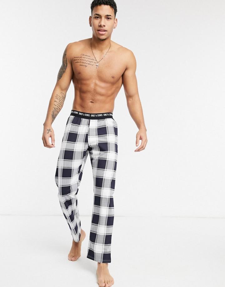 Only & Sons Lounge Checked Pants With Branded Waistband In Navy