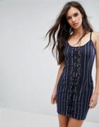 Prettylittlething Lace Up Striped Shift Dress - Navy