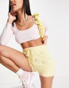 Missguided Set Fluffy Shorts With Embroidered Detail In Lemon-yellow