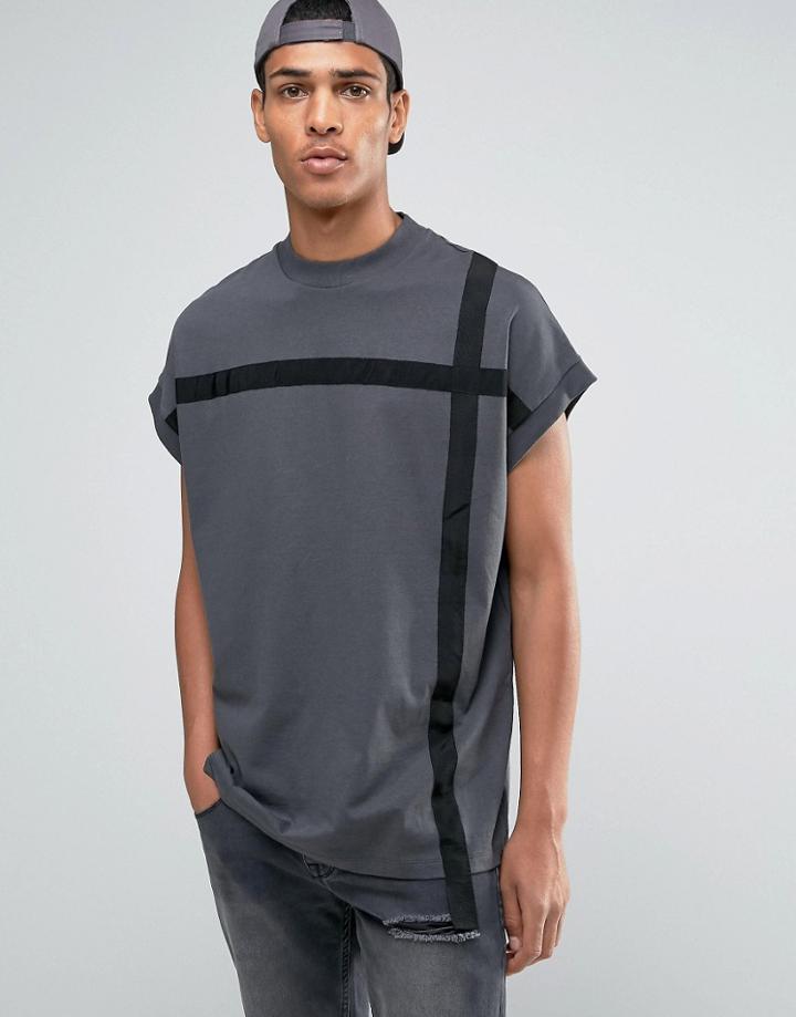 Asos Super Oversized T-shirt In Heavy Jersey With Taping In Washed Black - Gray