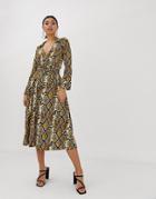 Asos Design Midi Skater Shirt Dress With Belt In Snake Print - Multi