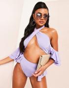Asos Luxe Cross Neck Ruffle Sleeve Bikini Top In Lilac-purple