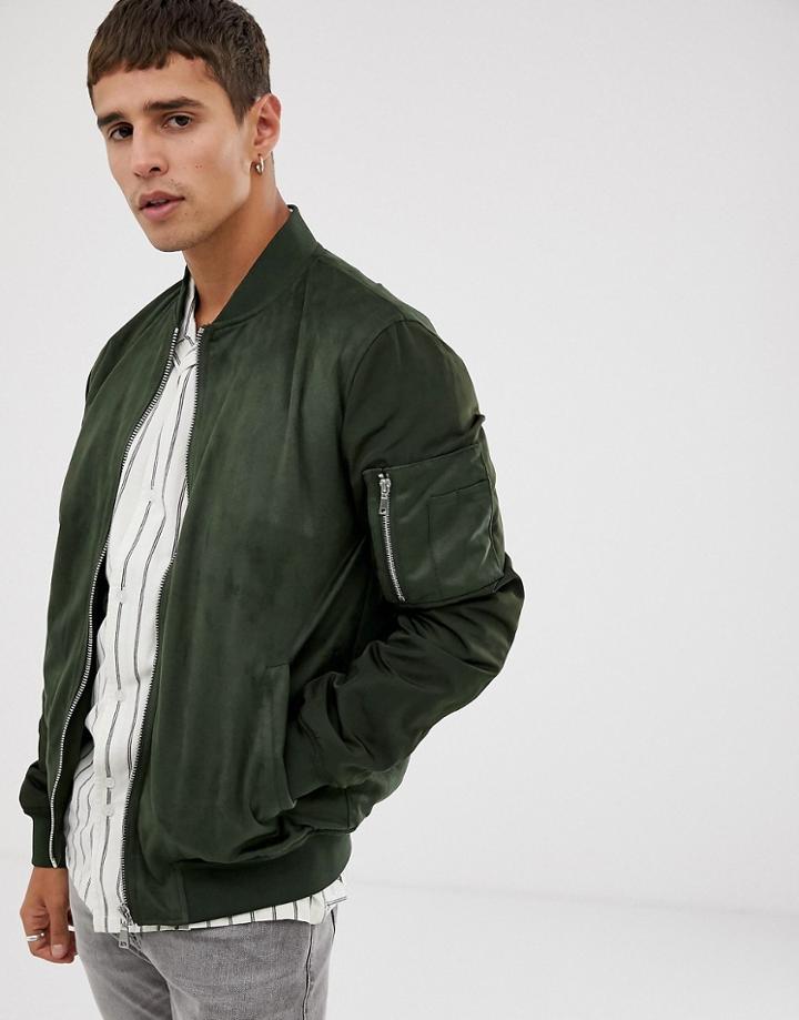 Celio Faux Suede Bomber With Contrast Sleeve In Dark Green - Green
