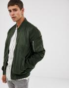 Celio Faux Suede Bomber With Contrast Sleeve In Dark Green - Green