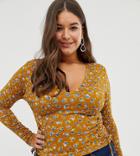 Asos Design Curve Long Sleeve Top In Ditsy Floral Print With Tie Sides-multi