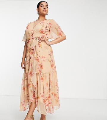 Hope & Ivy Plus Wrap Tie Maxi Dress In Fuchsia Taupe Floral-pink
