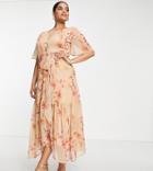 Hope & Ivy Plus Wrap Tie Maxi Dress In Fuchsia Taupe Floral-pink