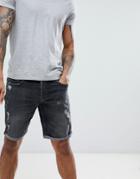 Allsaints Skinny Fit Denim Shorts With Distress In Washed Black - Black