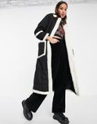 Only Fleece Trim Padded Maxi Coat In Black