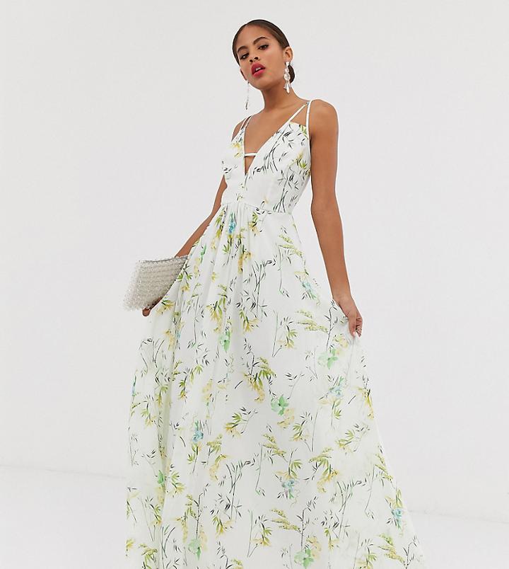 Asos Design Tall Maxi Dress With Deep Plunge And Cut Out Strap Detail In Print - Multi