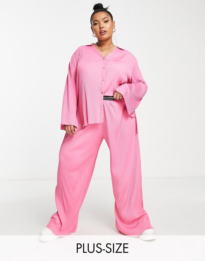 River Island Plus Plisse Pants In Bright Pink - Part Of A Set