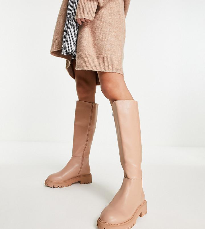 London Rebel Wide Fit Chunky Pull On Knee Boots In Beige Drench-neutral