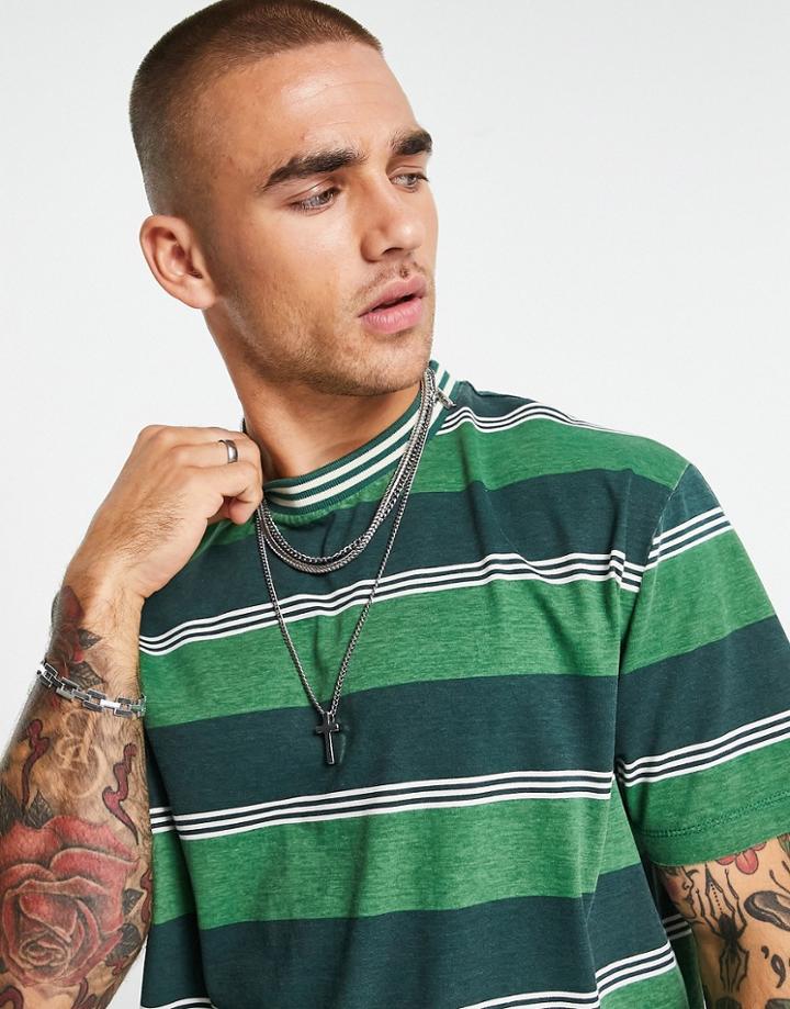 Asos Design Relaxed T-shirt In Washed Khaki Stripe-green