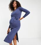 Missguided Maternity Belted Ribbed Midi Dress In Navy