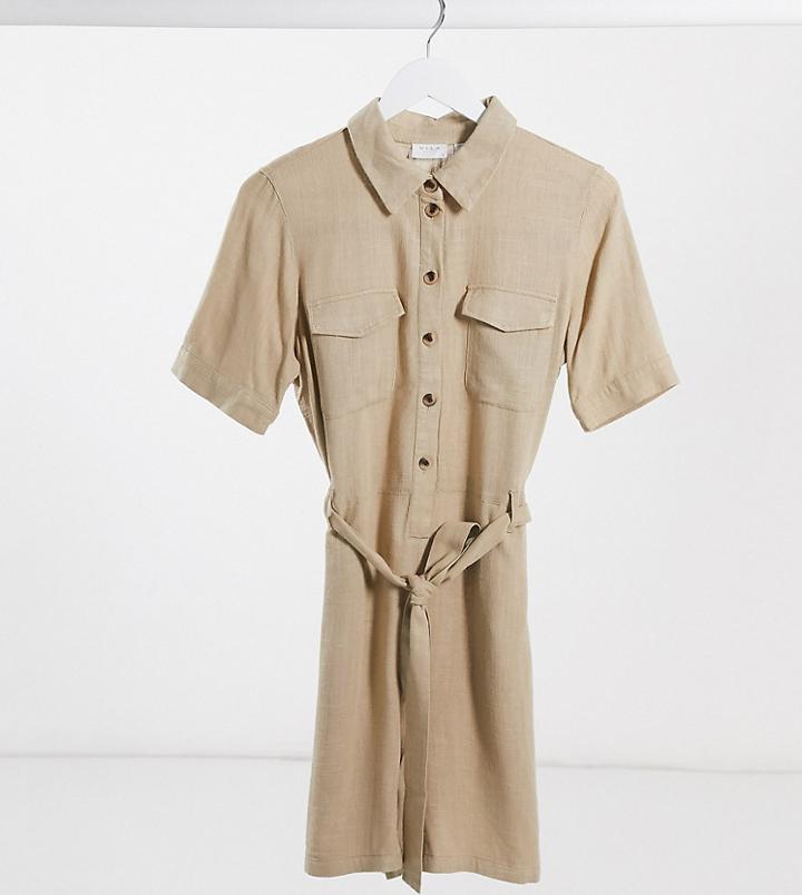 Vila Petite Utility Romper With Belted Waist In Beige-brown