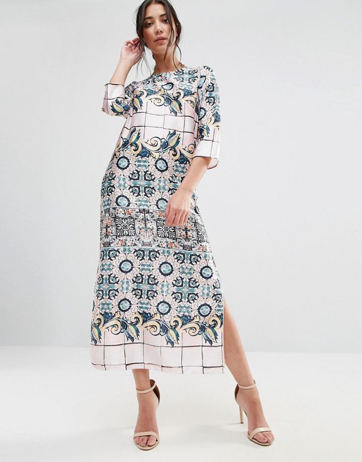 Traffic People 3/4 Sleeve Mixed Print Midi Dress - Multi