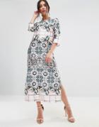 Traffic People 3/4 Sleeve Mixed Print Midi Dress - Multi