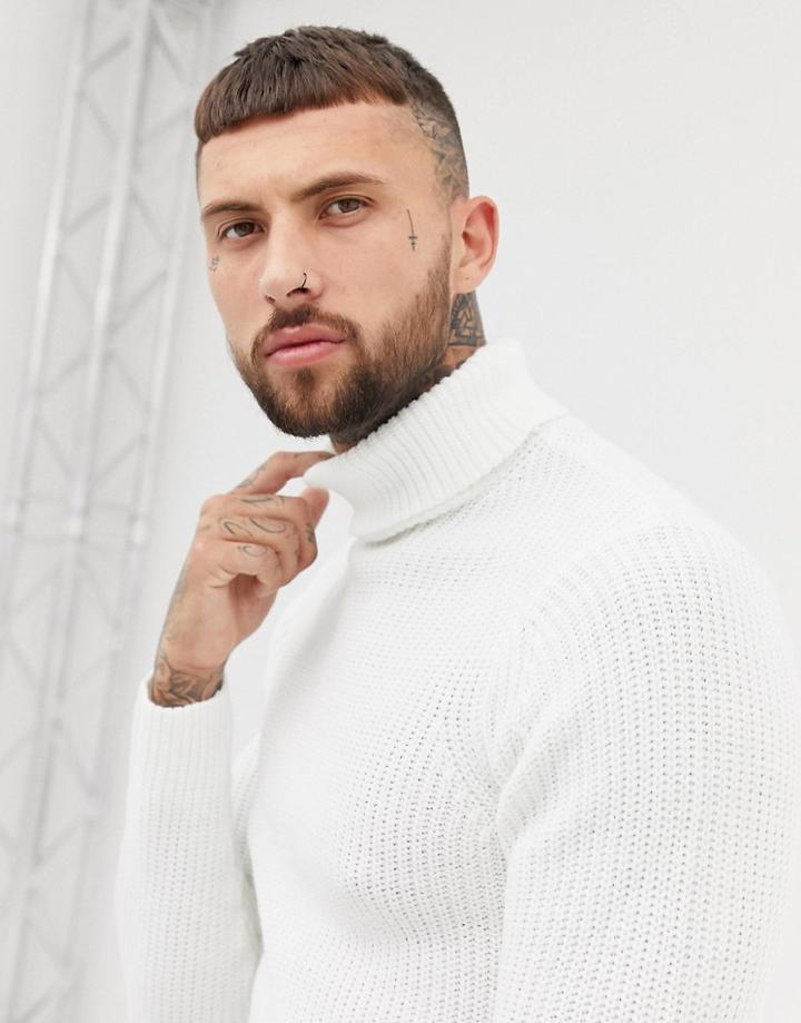Bershka Knitted Roll Neck Sweater In Cream - Cream